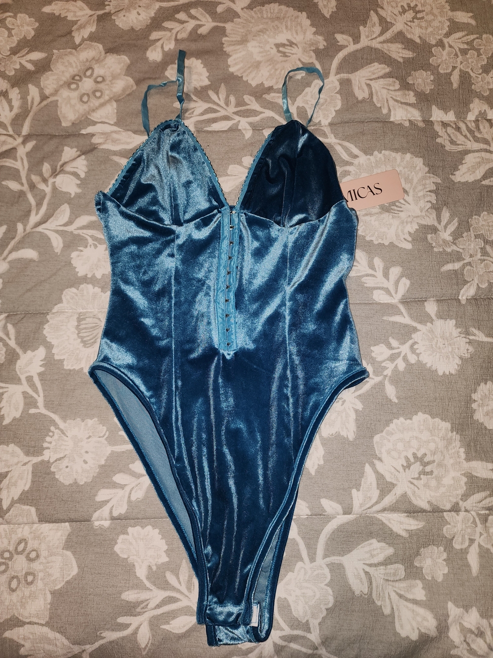 Velvet Plunge Bodysuit in Teal Blue - Women's Bodysuit